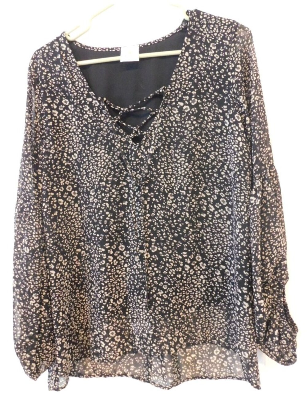 By Together Womens S Black Beige Animal Print Blouse Chiffon Lace-Up V-Neck Boho